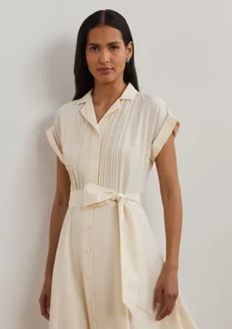 Belted Crepe Pintucked Shirtdress