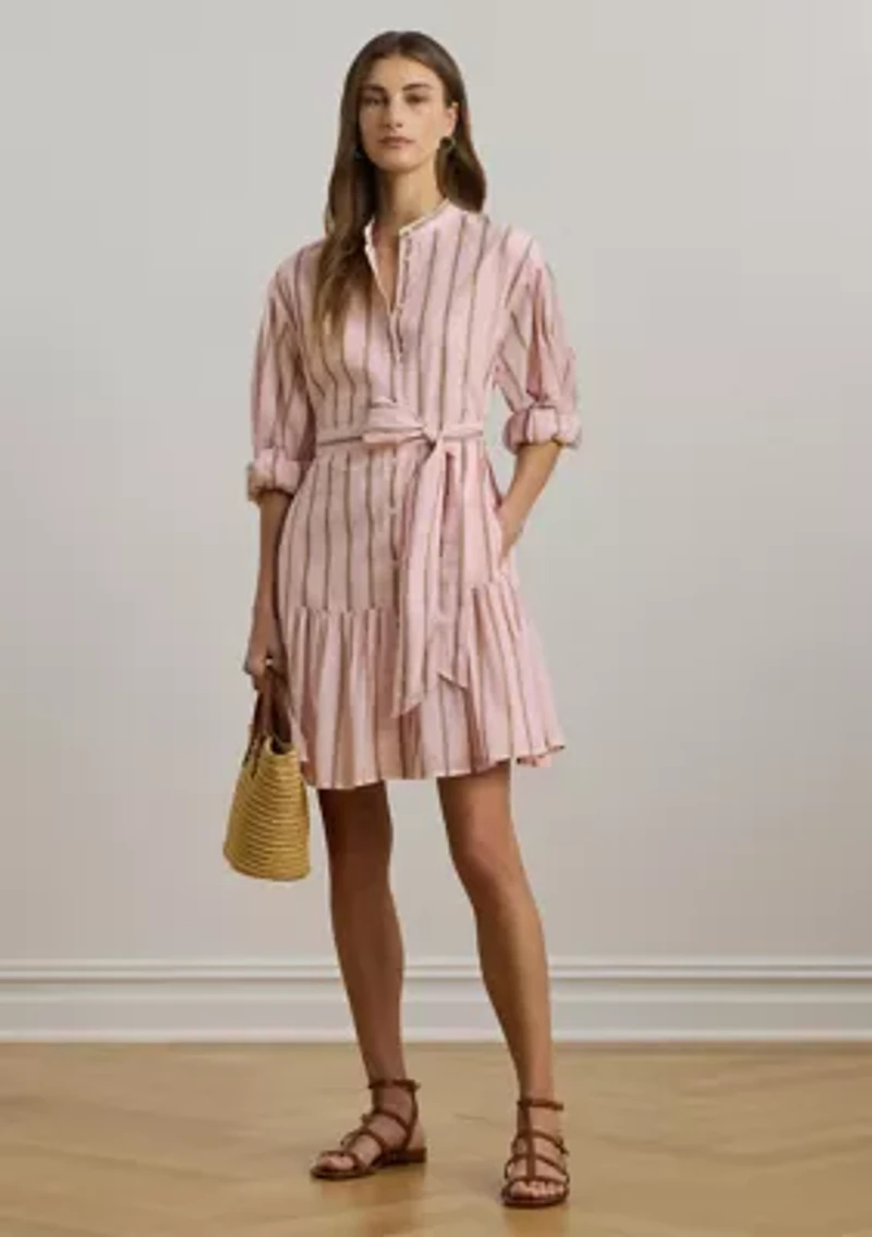 Women's Striped Voile Blouson-Sleeve Shirtdress
