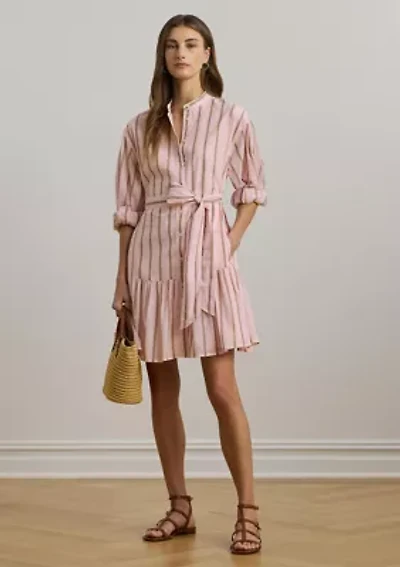 Women's Striped Voile Blouson-Sleeve Shirtdress