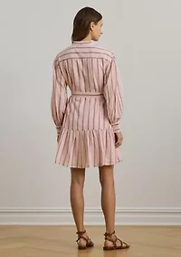 Women's Striped Voile Blouson-Sleeve Shirtdress