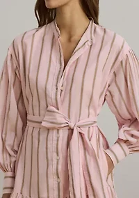 Women's Striped Voile Blouson-Sleeve Shirtdress