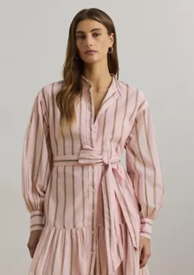 Women's Striped Voile Blouson-Sleeve Shirtdress