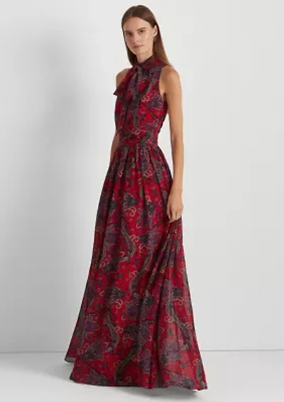 Paisley Tie-Neck Georgette Gown