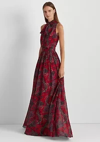 Paisley Tie-Neck Georgette Gown