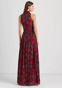 Paisley Tie-Neck Georgette Gown