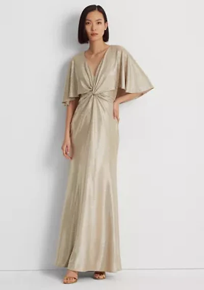 Foil-Print Jersey Cape Gown