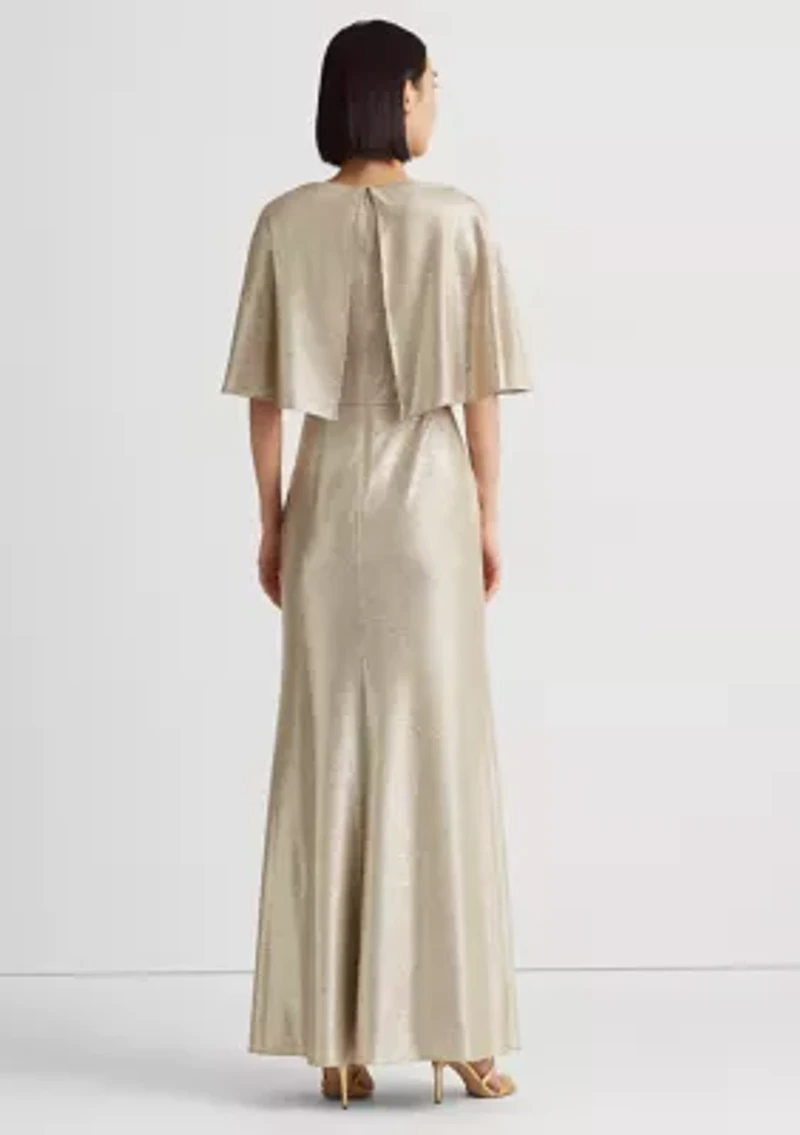 Foil-Print Jersey Cape Gown