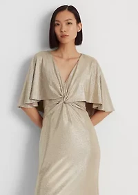 Foil-Print Jersey Cape Gown