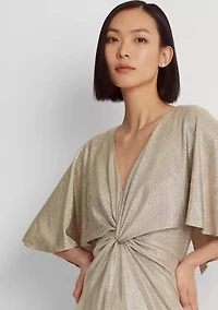 Foil-Print Jersey Cape Gown