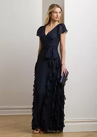Women's Ruffle-Trim Metallic Chiffon Gown