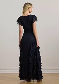 Women's Ruffle-Trim Metallic Chiffon Gown