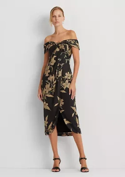 Floral Shantung Off the Shoulder Cocktail Dress