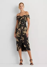 Floral Shantung Off the Shoulder Cocktail Dress
