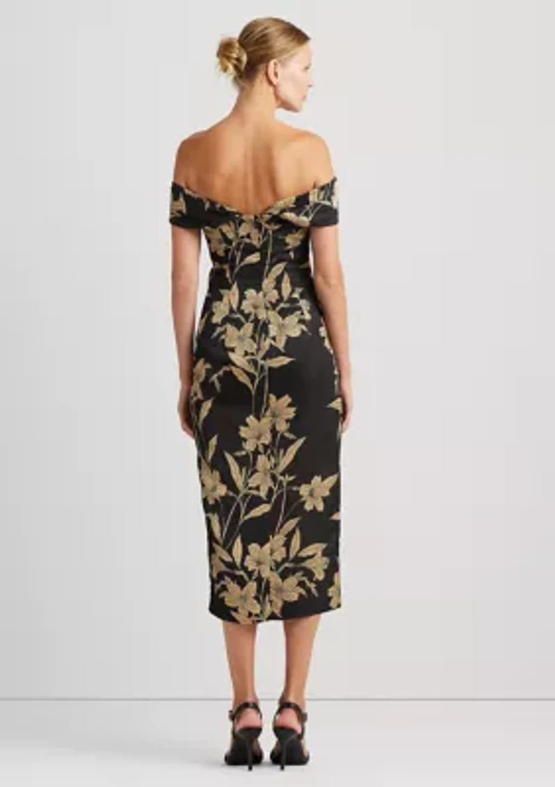 Floral Shantung Off the Shoulder Cocktail Dress