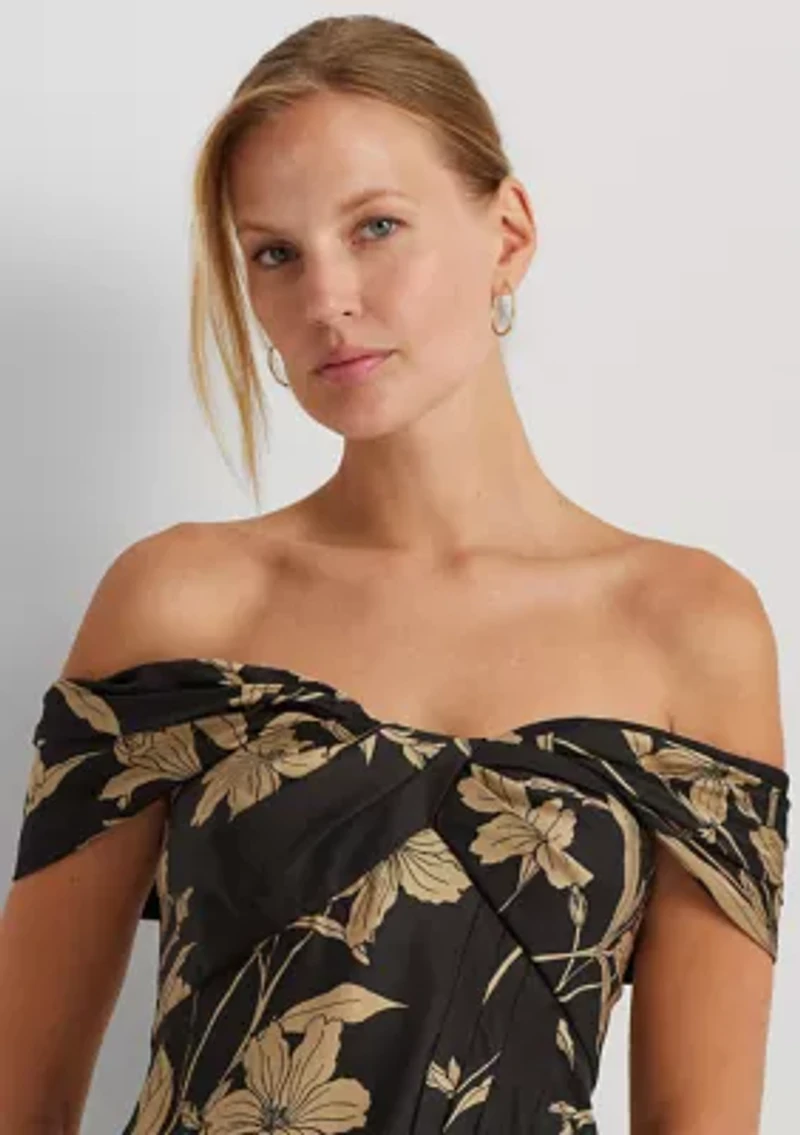 Floral Shantung Off the Shoulder Cocktail Dress
