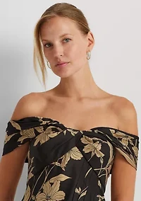 Floral Shantung Off the Shoulder Cocktail Dress