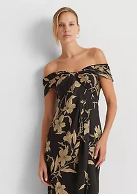 Floral Shantung Off the Shoulder Cocktail Dress