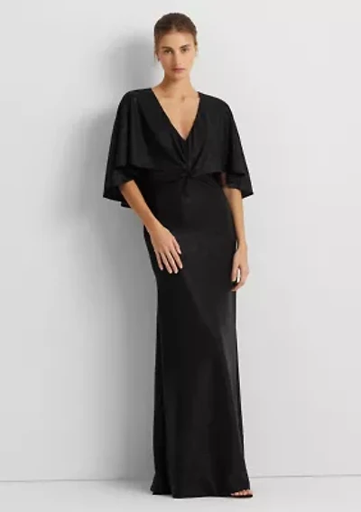 Women's Metallic Knit Twist-Front Cape Gown