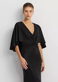 Women's Metallic Knit Twist-Front Cape Gown