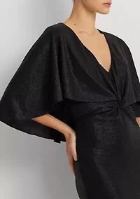 Women's Metallic Knit Twist-Front Cape Gown