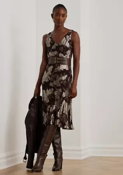 Women's Floral Metallic Jacquard V-Neck Sleeveless Dress