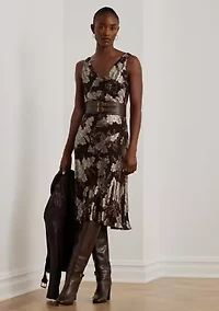 Women's Floral Metallic Jacquard V-Neck Sleeveless Dress
