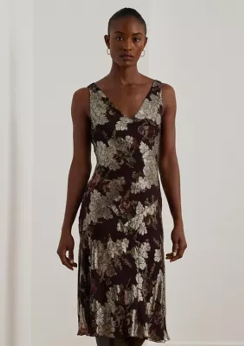 Women's Floral Metallic Jacquard V-Neck Sleeveless Dress