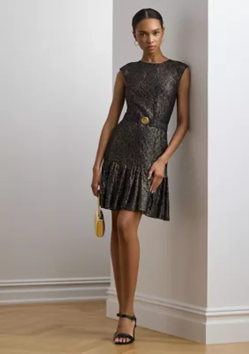 Women's Belted Metallic Lace Cocktail Dress
