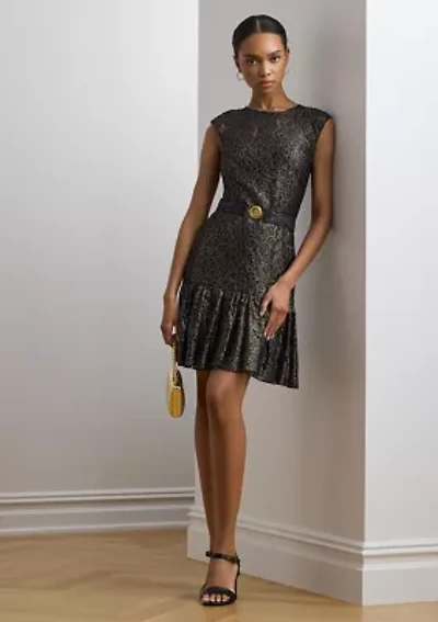Women's Belted Metallic Lace Cocktail Dress
