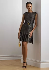 Women's Belted Metallic Lace Cocktail Dress