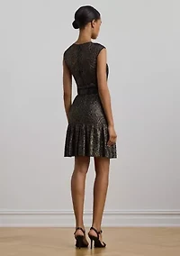 Women's Belted Metallic Lace Cocktail Dress
