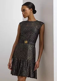 Women's Belted Metallic Lace Cocktail Dress