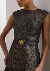 Women's Belted Metallic Lace Cocktail Dress