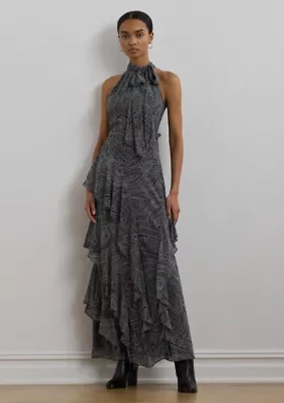 Paisley Belted Georgette Tiered Gown