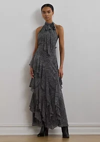 Paisley Belted Georgette Tiered Gown
