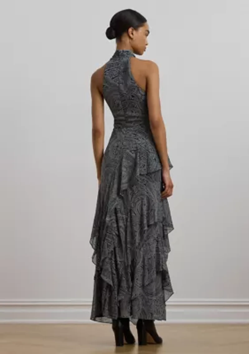 Paisley Belted Georgette Tiered Gown
