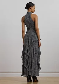 Paisley Belted Georgette Tiered Gown