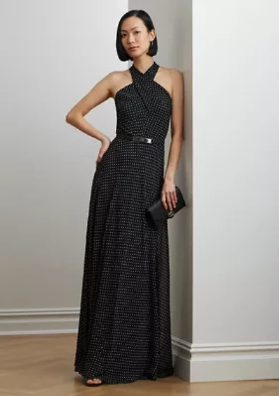 Polka Dot Belted Georgette Halter Gown