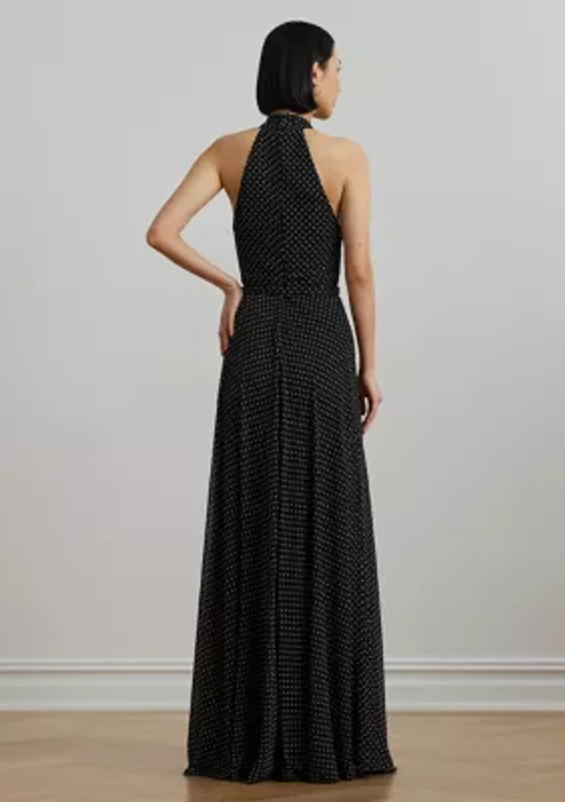 Polka Dot Belted Georgette Halter Gown