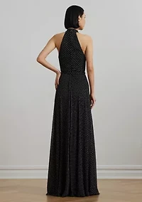 Polka Dot Belted Georgette Halter Gown