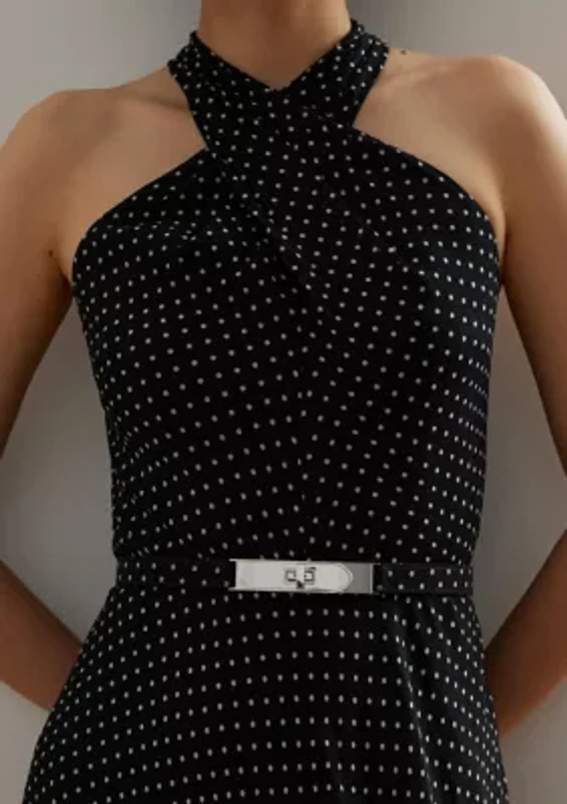 Polka Dot Belted Georgette Halter Gown