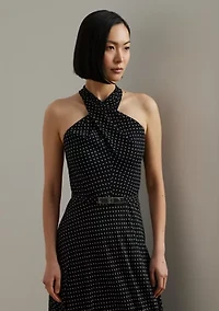 Polka Dot Belted Georgette Halter Gown