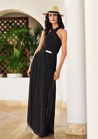 Polka Dot Belted Georgette Halter Gown