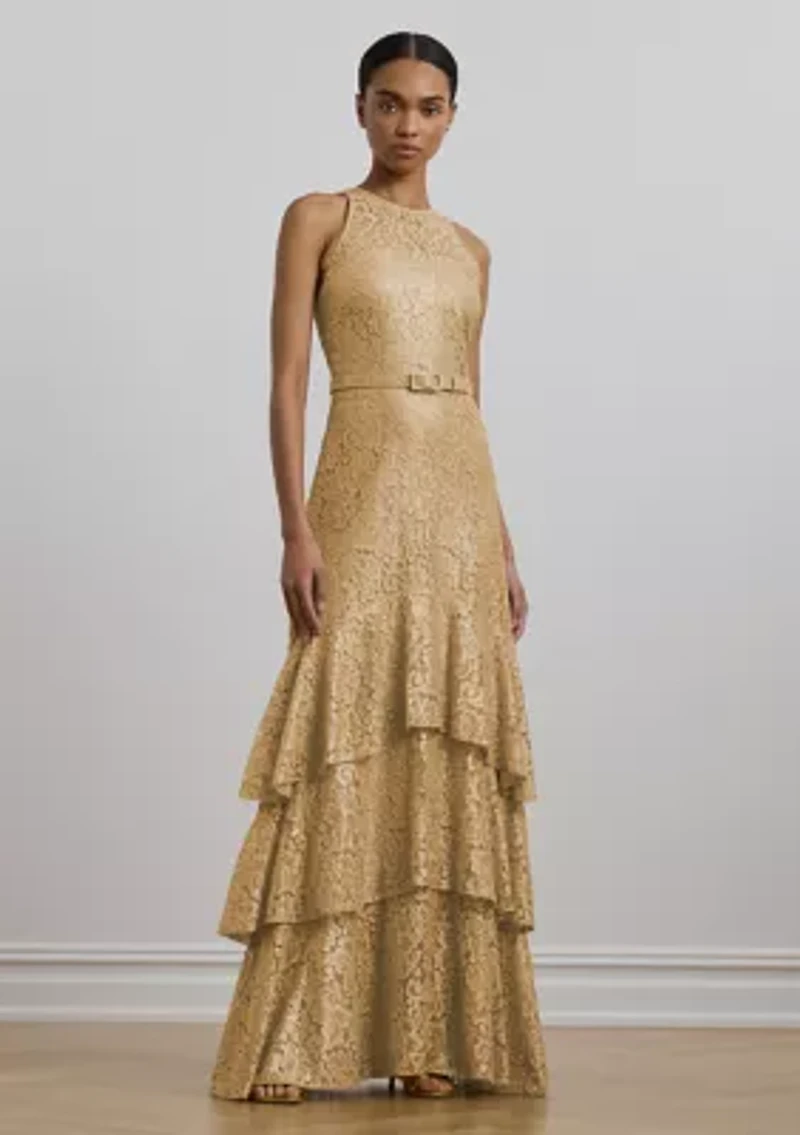 Belted Metallic Lace Tiered Gown