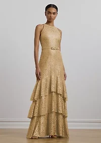 Belted Metallic Lace Tiered Gown