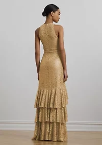Belted Metallic Lace Tiered Gown
