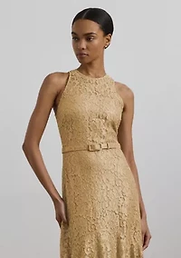 Belted Metallic Lace Tiered Gown