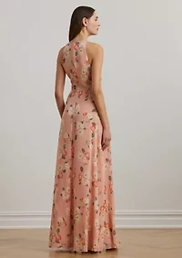 Floral Ruffle Trim Georgette Gown