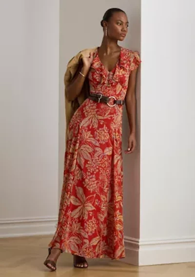 Women's Floral Belted Crinkle Georgette Gown