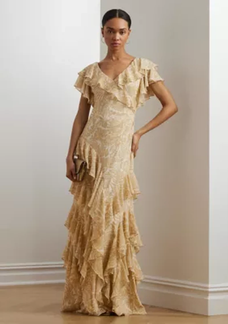 Floral Ruffle Trim Georgette Gown